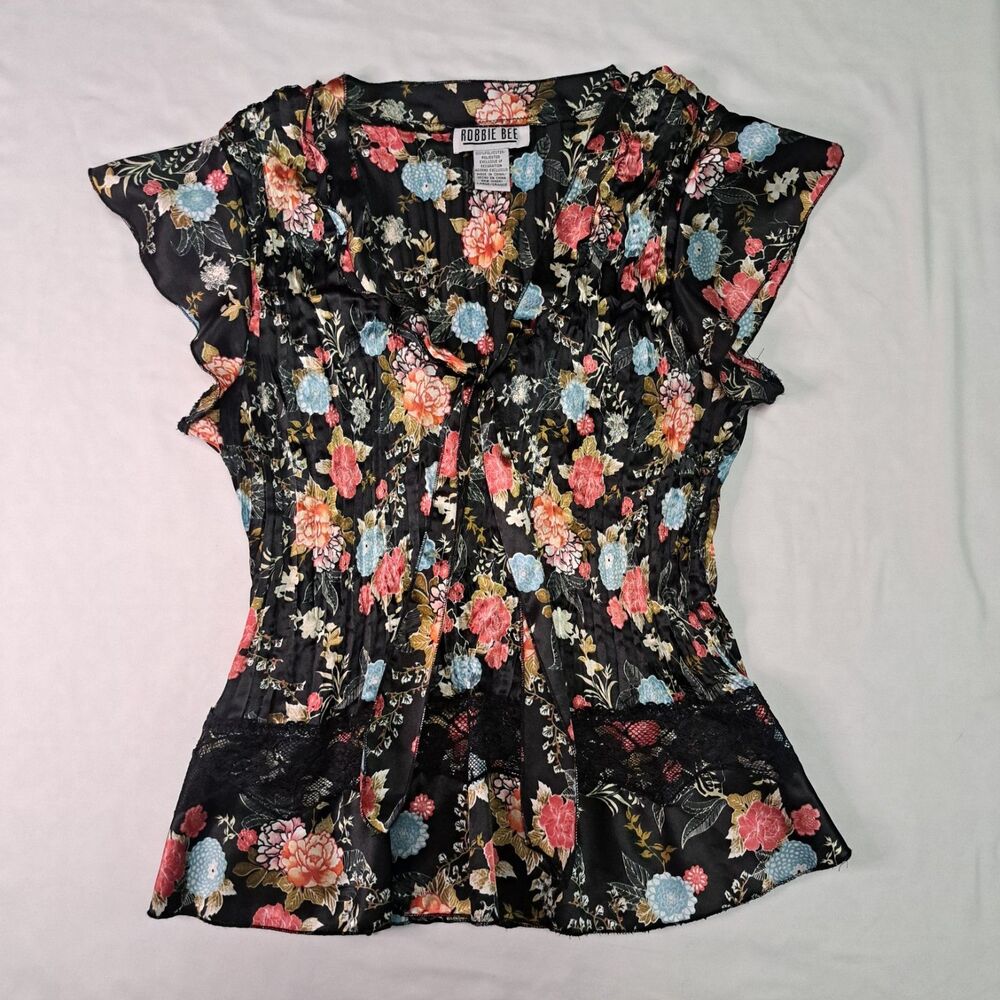 Robbie Bee Floral Chiffon Blouse Lace Ruffle Pleated‎ V-Neck L Vtg Whimsigoth